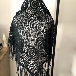 New Black Crochet Fringe Shawl,